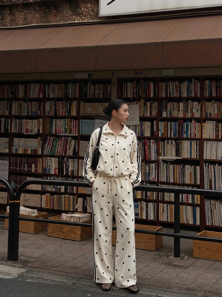 Polka-dot jacket and trousers set with stripes