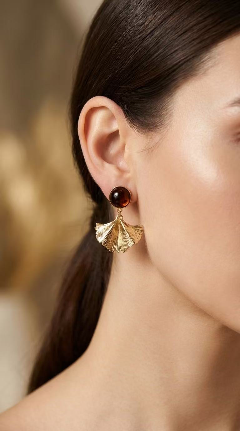 Pendientes Abanico Dorados con Ámbar