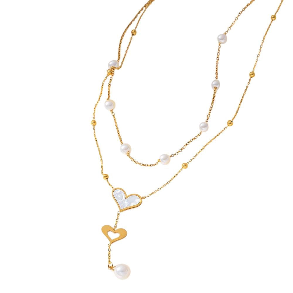 Collar de Doble Cadena con Corazón y Perla